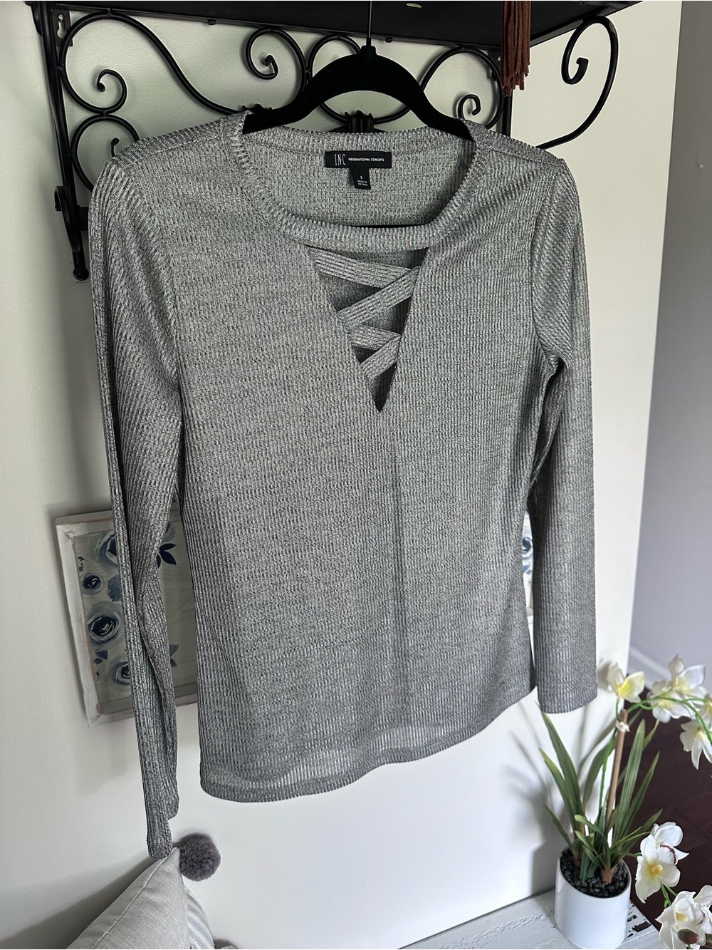 INC silver shimmery Long-Sleeve Top with Crisscross Neckline